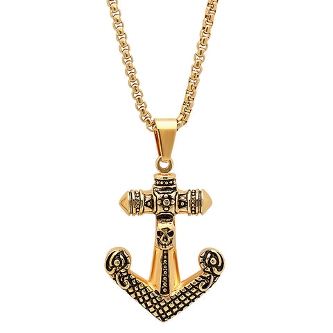 Steeltime 18k Gold Plated Stainless Steel Anchor Cross Skull Necklace