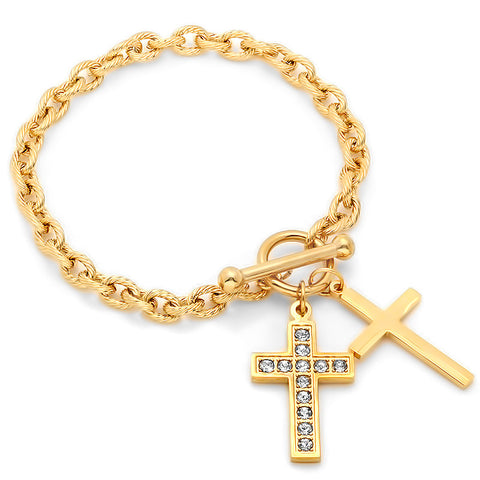 Ladies 18kt Gold Plated Stainless Steel Bracelet with Cross Charms