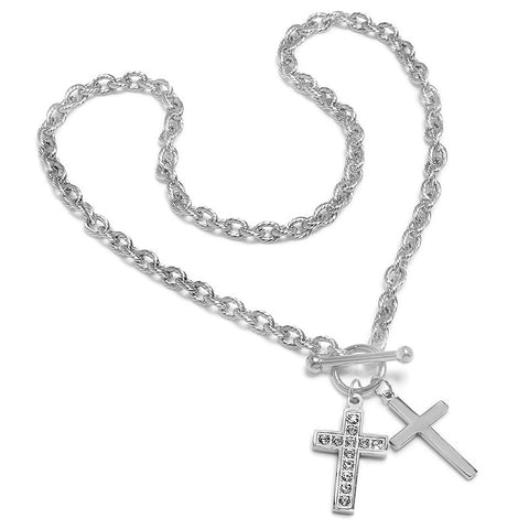 Ladies Stainless Steel Cross and Simulated Diamonds Necklace