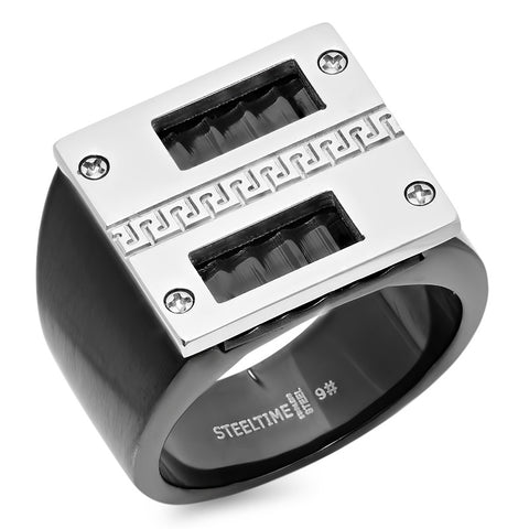 Men's Stainless Steel Black IP Ring with Greek Design