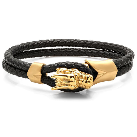 Men's Braided Leather Bracelet with 18KT Gold Plated Stainless Steel Dragon Head Design