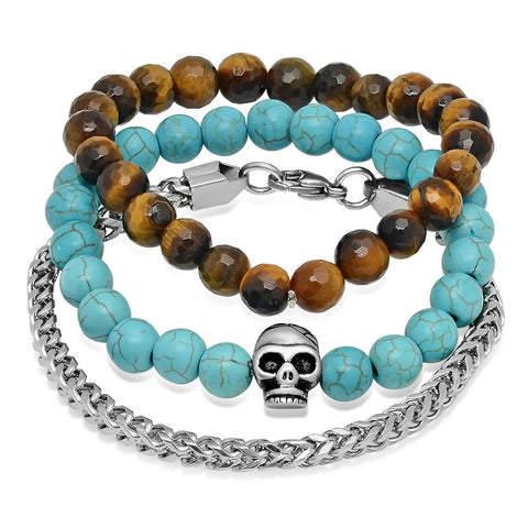 Silvertoned Box Chain, Tiger Eye Beaded, and Turquoise Beaded Skull Bracelets Box Set