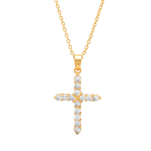 18k Gold Plated Brass Cross X Pendant with Simulated Diamonds