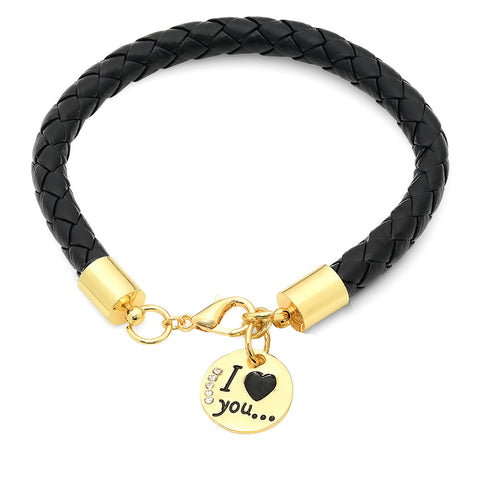 Ladies Leather Braided Bracelet with 18kt Gold Plated Alloy and SW stones charm