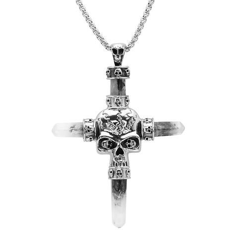 Steeltime Stainless Steel Crucifix Cross With Multiple Skull Necklace