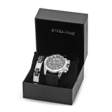 Silvertoned and Black Rubber Watch and Bracelet Box Set