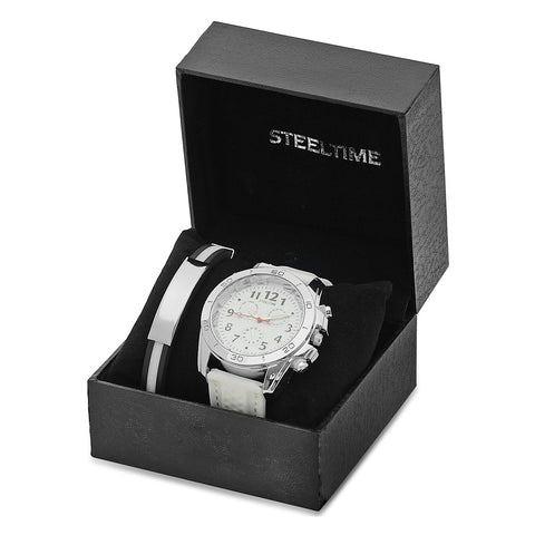 Stainless Steel Watch with White Band and Bracelet Set