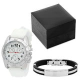 Stainless Steel Watch with White Band and Bracelet Set