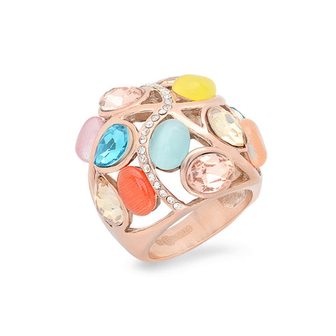Ladies Stainless Steel Cocktail Ring in 18 KT Rose Gold Plated with Muti-Color Stones and Simulated Diamonds Design