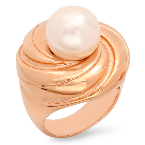Ladies 18kt Rose Gold Plated Stainless Steel Ring with Simulated Pearl