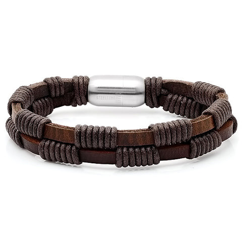 Men's Leather Bracelet with Stainless Steel Clasp in Brown