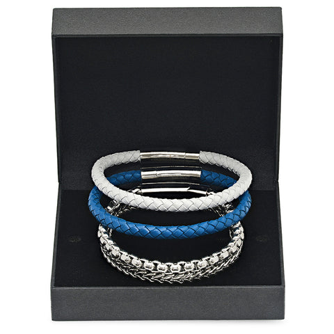 Box Set of 3 White Leather, Blue Leather, and Silvertoned Bracelets