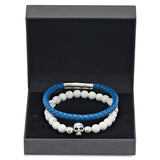Genuine Blue Leather and White Marble Beaded Bracelet Box Set