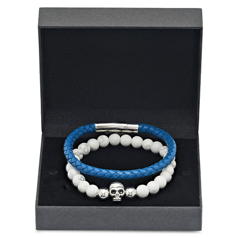 Genuine Blue Leather and White Marble Beaded Bracelet Box Set