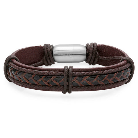 Men's Brown Genuine Leather Bracelet With Stainless Steel Clasp