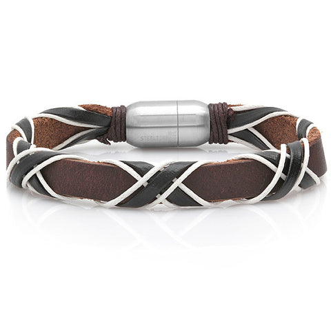 Steeltime Genuine Leather Bracelet in Black, White & Brown