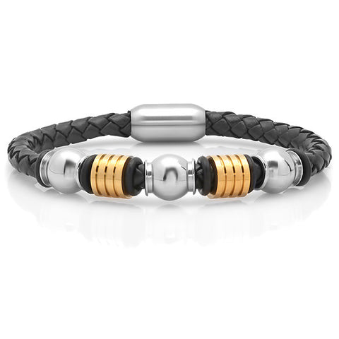 Men's Black Genuine Leather Bracelet With Stainless Steel and 18KT Gold Plated Accents