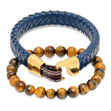 Tiger Eye Beaded and Blue/Brown Leather Bracelet Box Set