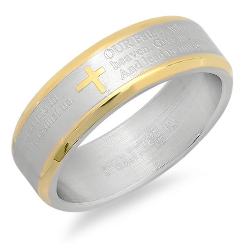 Men's two tone stainless steel Our Father prayer ring