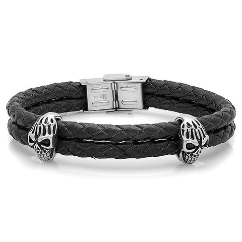 Men's Black Genuine Leather Bracelet With Stainless Steel Skulls and Clasp