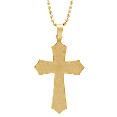Ladies 18kt Gold Plated Stainless Steel Prayer "Our Father" Cross Pendant