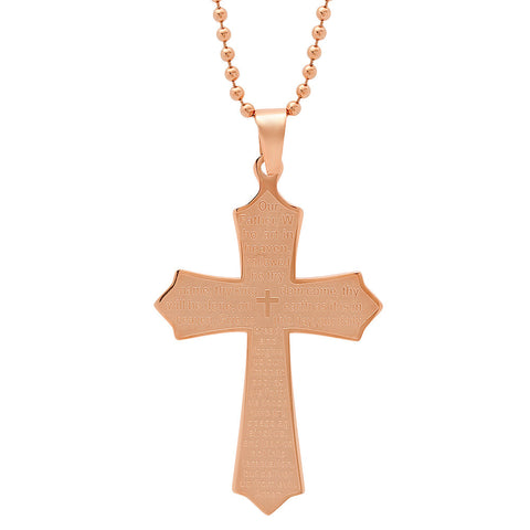 Ladies 18kt Rose Gold Plated Stainless Steel Prayer "Our Father" Cross Pendant