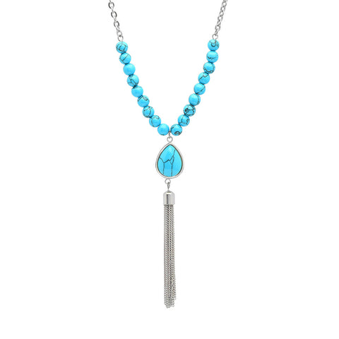 Stainless Steel Blue Agate Drop Necklace