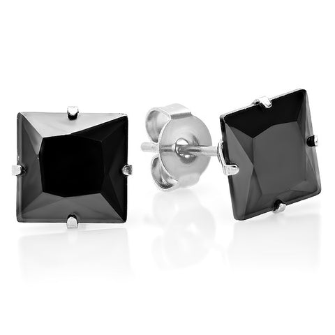 Unisex Large Square Black Simulated Diamond Stud Earring With Stainless Steel Setting