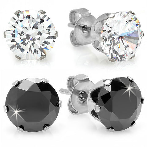 Two Pairs of Stainless Steel Stud Earrings with Simulated Diamonds