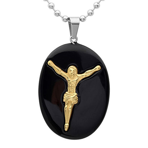 Men's Black Onyx Pendant w/18 KT Gold Plated Jesus DOES NOT COME WITH CHAIN