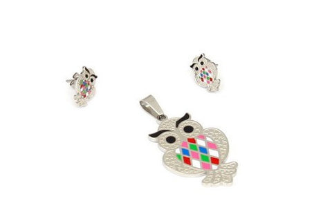 Women's Stainless Steel Earrings and Pendant set with Mutil-Color Owl Design