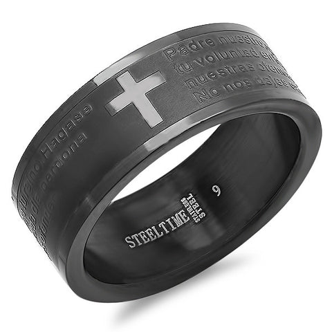 Men's Black IP Stainless Steel Ring Black Oil With Cross Accent