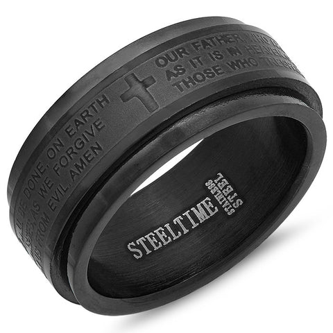 Stainless Steel Prayer Spinner Ring in Black "Our Father"