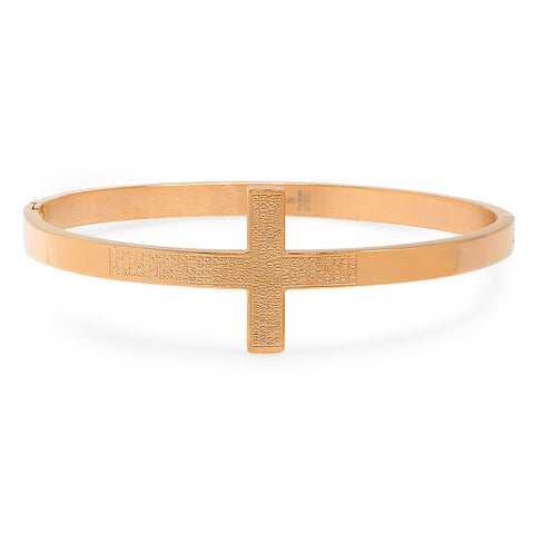 Ladies 18 Kt Rose Gold Plated Cross Bangle in Spanish with "Padre Nuestro" Prayer Bracelet