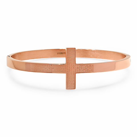 Ladies 18 Kt Rose Gold Plated Cross Bangle with "Our Father" Prayer Bracelet