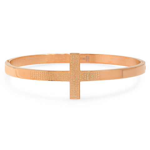 Ladies 18 KT Rose Gold Plated Cross Bangle in Portugese with "Pai Nosso" Prayer Bracelet