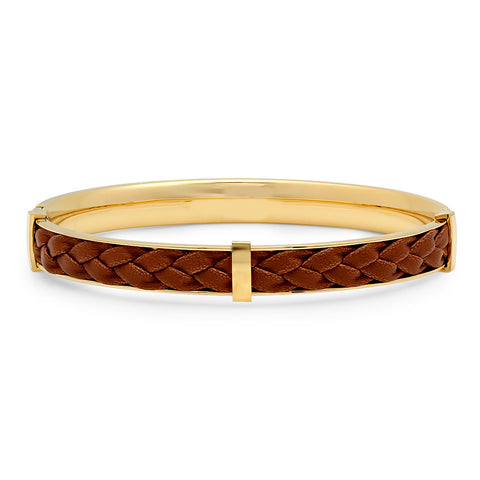 18kt gold plated stainless steel & brown leather bracelet