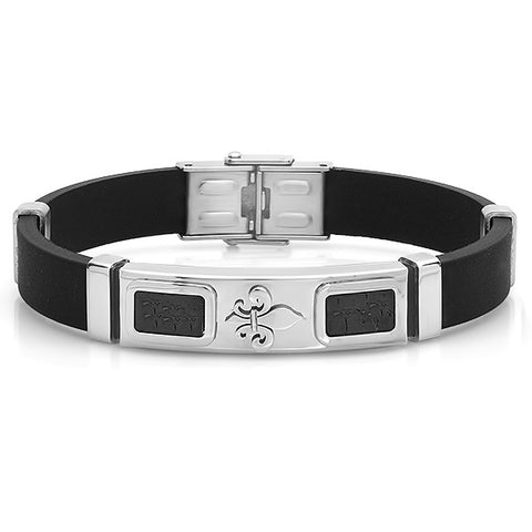 Men's Black Genuine Leather Bracelet With Stainless Steel Accents and Clasp