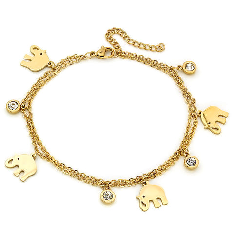 18kt Gold Plated Stainless Steel Anklet With Elephant and SW Stones Charms