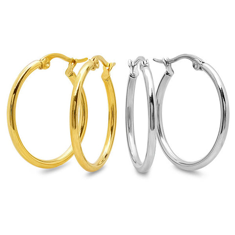 Stainless Steel Set Of 2 Hoops In Metallic And 18kt Gold Plated 35mm
