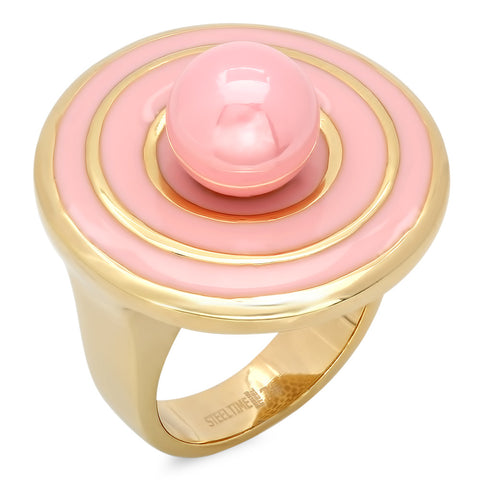 Ladies 18kt Gold Plated Stainless Steel Ring with Pink Enamel and Simulated Pearl