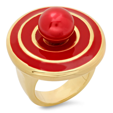 Ladies 18kt Gold Plated Stainless Steel Ring with Red Enamel and Simulated Pearl