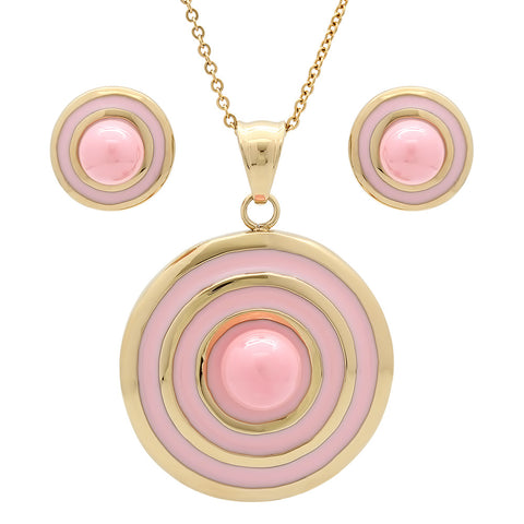 Ladies 18kt Gold Plated Stainless Steel Earrings/Pendant Set with Pink Enamel and Simulated Pearl