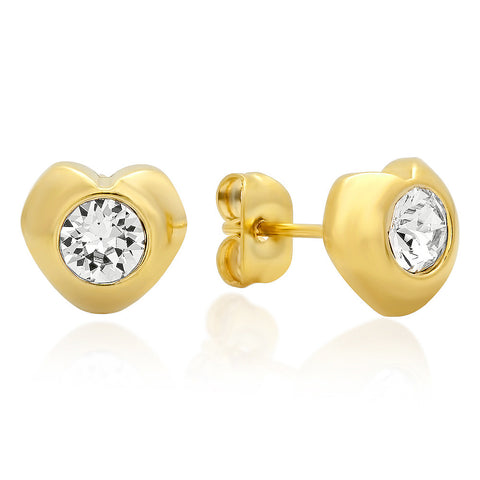 18kt Gold Plated Stainless Steel Heart Shape Stud Earrings with SW Stones