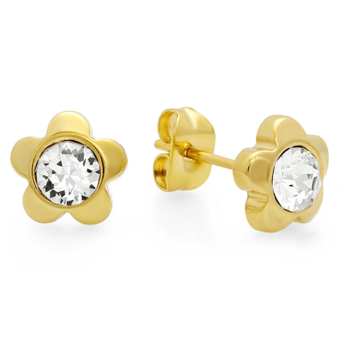 18kt Gold Plated Stainless Steel Flower Shape Stud Earrings with SW Stones
