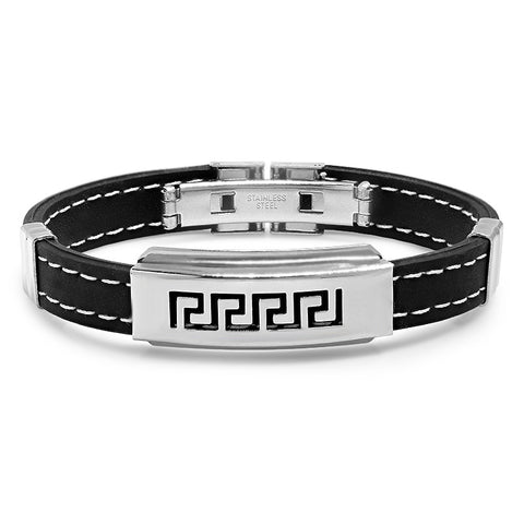 Men's Rubber Bracelet with Stainless Steel and Greek Design in Black