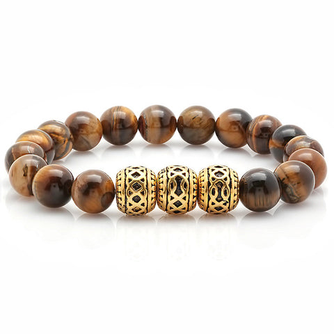 Tiger Eye Lava Stone Chakra Bracelet with 18 KT Gold Plated Accents
