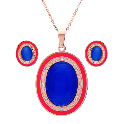 Ladies 18 Kt Rose Gold Plated Earring/Pendant Set with Simulated Diamonds in Pink with Blue Stone
