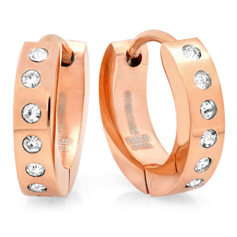 Rose Plated Gold Hoops with Simulated Diamonds