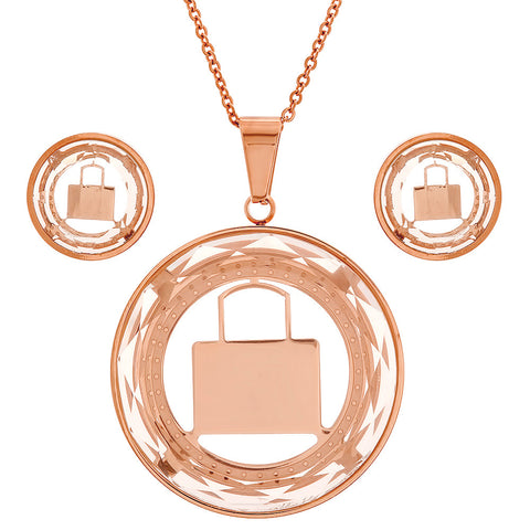 18kt Rose Gold Plated Stainless Steel Earring/Pendant Set with Lock Design